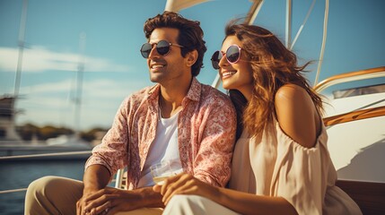 Indian couple in sunglasses sitting on yacht and looking away while enjoying summer day against sunny blue sky. - obrazy, fototapety, plakaty