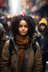 African American young woman with curly hair in warm clothes looking at camera while standing against a busy street.
