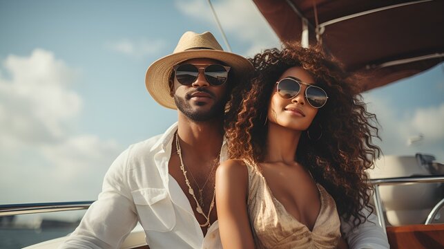 A wealthy and young African American couple with sunglasses on a private yacht enjoying a summer day.