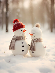 two friendly happy snowmen on the snow