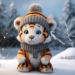 Tigre fofo com roupas de inverno na neve - Ilustração de personagem 3D