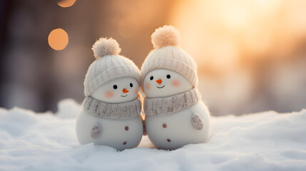 two friendly happy snowmen on the snow
