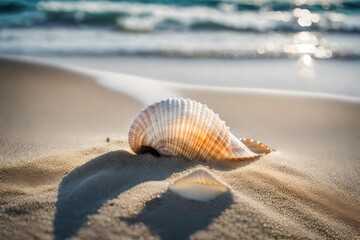 Fototapeta na wymiar A delicate seashell partially buried in the beach sand