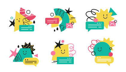 Set of abstract geometric colored online chat shapes with trendy creative textures hand drawn lines for message design. Creative content communication concept. Flat doodle style. Vector illustration.