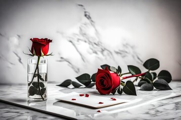 A minimalistic composition featuring a single red rose in a slender vase on a marble countertop, accompanied by a small gift box and a handcrafted Valentine's Day card.
