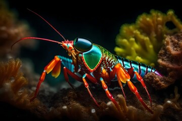 A flamboyant mantis shrimp with its vibrant colors and powerful claws