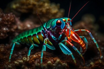 A flamboyant mantis shrimp with its vibrant colors and powerful claws - obrazy, fototapety, plakaty