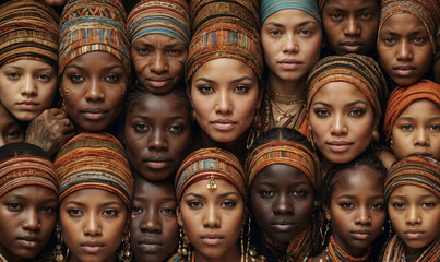 Collage of diverse woman faces proudly representing a varied ethnic communities. Mosaic of cultures, woman empowerment.