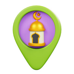 Mosque Location Pin Isolated. Ramadan Kareem Islamic Element Icon Concept. 3D illustration