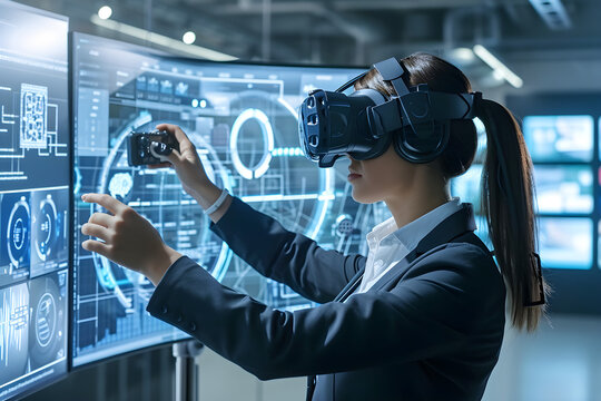 futuristic industrial virtual training concept with vr headset and touchscreen hologram display