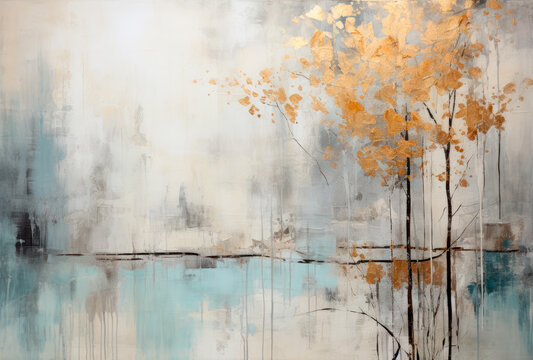 Splashes of bright paint on the canvas. Landscape. Gold, black, blue and gray colors. Interior painting. Beautiful background. Generative AI.