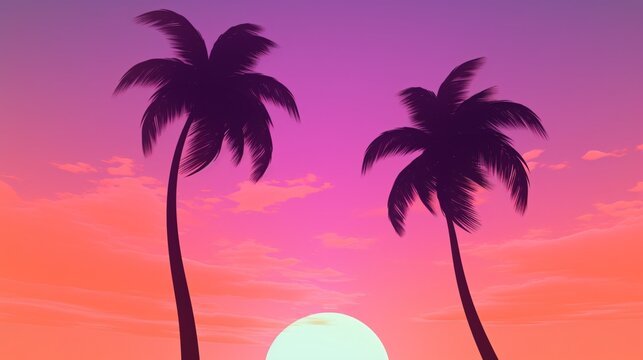Coconut palm trees silhouetted against a sunset gradient, with a vaporwave aesthetic in a 3D illustration.