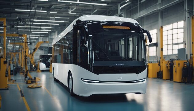 Bus in manufacturing workshop of EV automobile plant. Production of electric passenger buse. Self-driving