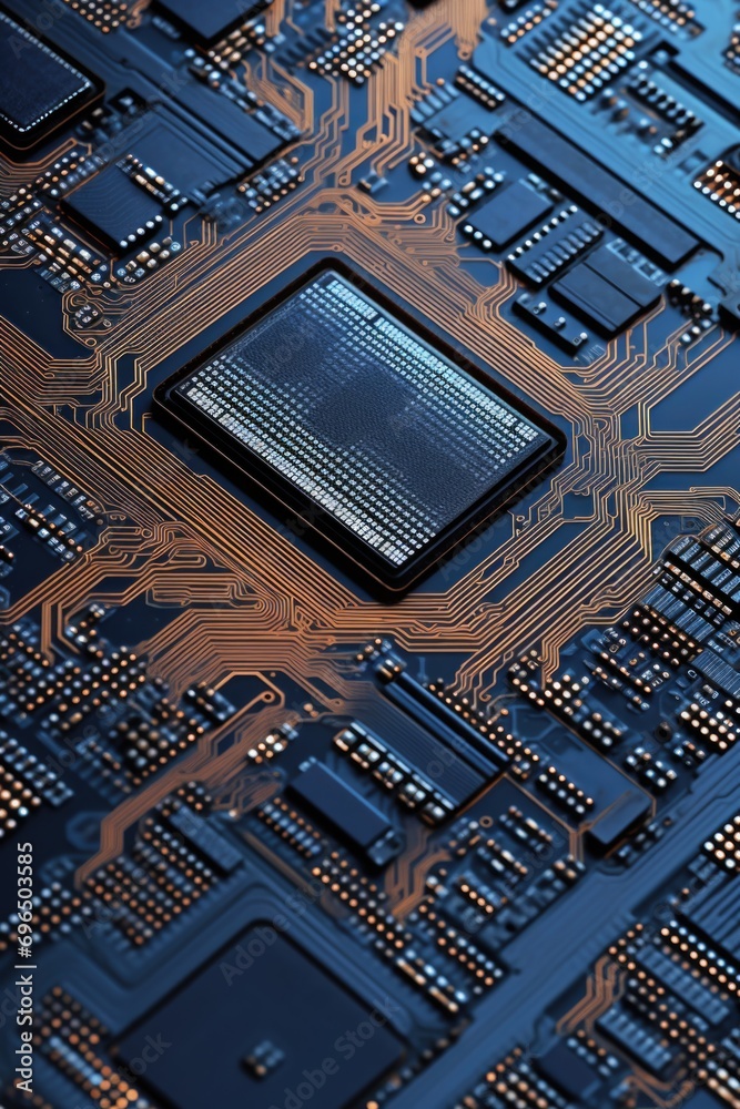 Poster a detailed close up of a computer chip on a motherboard. suitable for technology and electronics-rel