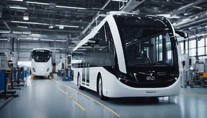 Bus in manufacturing workshop of EV automobile plant. Production of electric passenger buse. Self-driving
