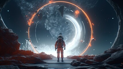 astronaut with his back facing an unknown, glowing portal on a planet
