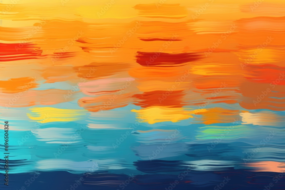 Poster a vibrant painting depicting a colorful sky reflecting on calm water. perfect for adding a touch of 