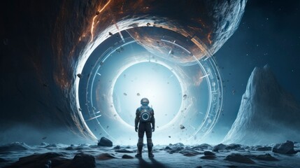 astronaut with his back in front of a portal - obrazy, fototapety, plakaty