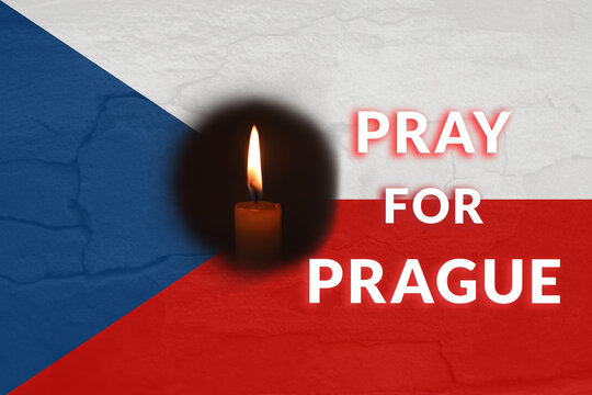 Pray for Prague. Banner for design. Text. Mass shooting in Praha. Flag of Czech Republic