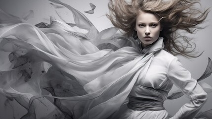 Fashionable beauty in elegant sophisticated dress developing in the wind. Stylish young woman. Beautiful feminine image. Frozen dynamics. Fashion concept of beauty and fashion magazine. Illustration.