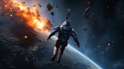 astronaut floating watching the collision of 2 planets in the universe