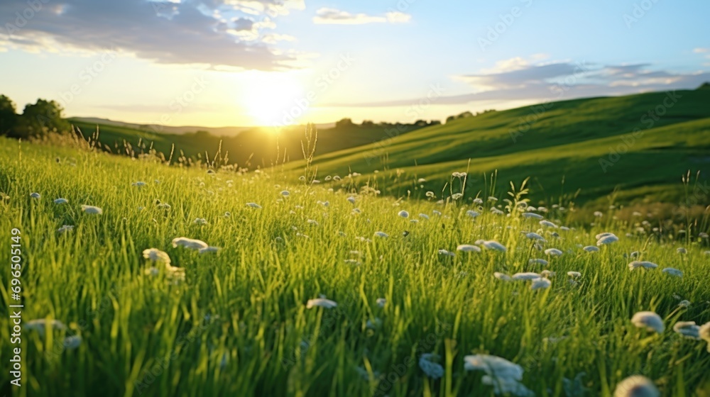 Poster a beautiful sunset illuminating a field of grass. this image can be used to evoke feelings of tranqu