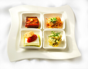 Vorspeisenteller, fine dining, Antipasti, Frühlingsrolle, vegetarisch,