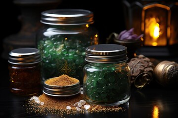 Mystic jars, gleaming contents