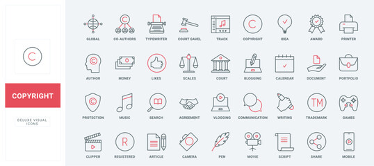 Trademark, patent and intellectual property protection line icons set. Content creation and storytelling, license for music, video and online games thin black and red symbols vector illustration - obrazy, fototapety, plakaty