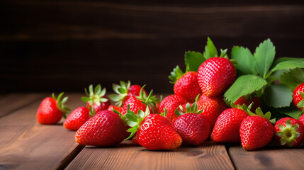 Ripe red strawberries on a wooden table, organic, juicy, and delicious, day light, food concept