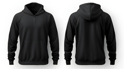 Set of black front and back view tee hoodie on white background. 