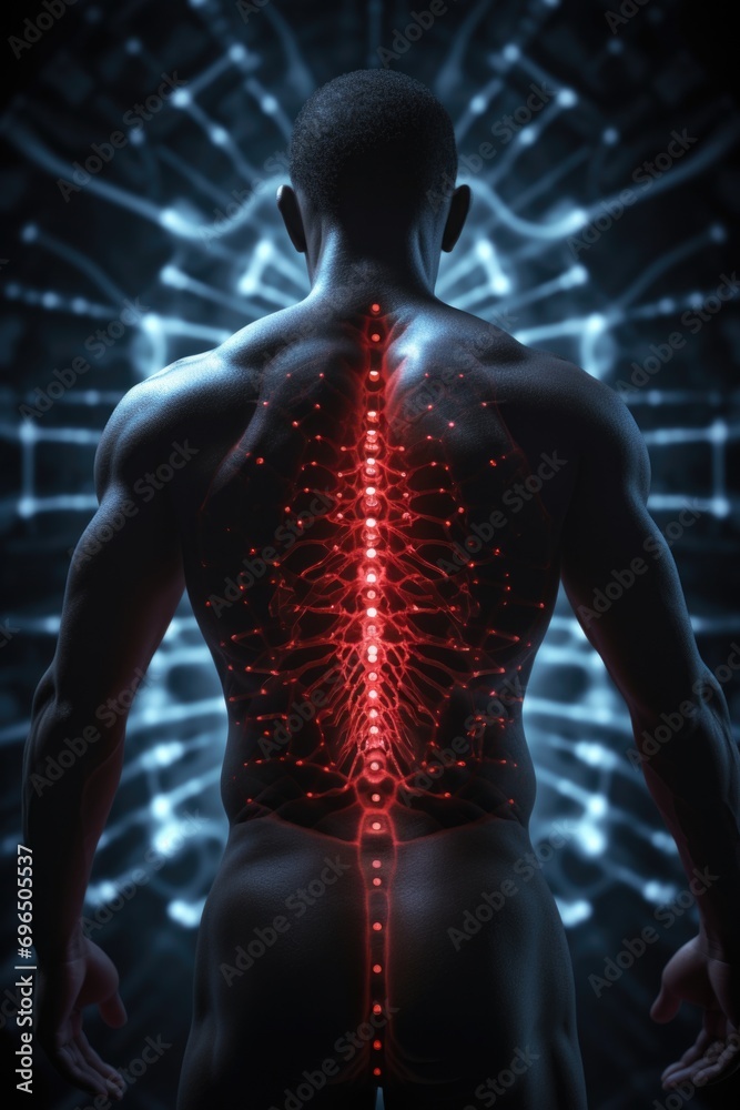 Poster A striking image showcasing the back of a man with a glowing spine. This picture can be used in various creative projects