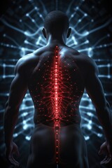 A striking image showcasing the back of a man with a glowing spine. This picture can be used in various creative projects