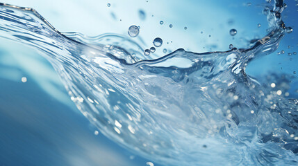 Blue water splash - Fresh Drop In Water - Close Up on blue background.Place for product placement. Aqua background. 