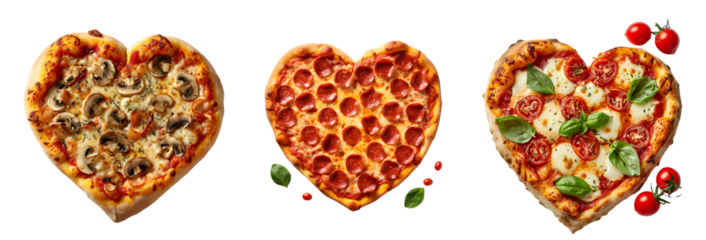 Set of Valentines Pizza with a range of flavors: Margherita, Pepperoni, and Mushroom, all in a heart shape, Isolated on Transparent Background, PNG