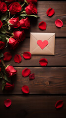 An envelope surrounded by red roses on a wooden table full of little hearts. Valentines day advertisement concept