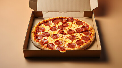 Pepperoni Pizza in Open Cardboard Box on Neutral Background