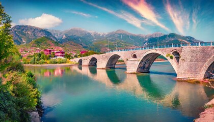 captivating summer view of old mes bridge impressive morning landscape of shkoder colorful outdoor...