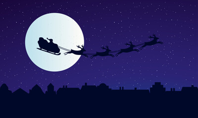 Santa Claus Flying on a Sleigh with Reindeers Night Sky Over Full Moon with buildings