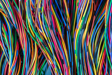 Colored electric cables and wires closeup