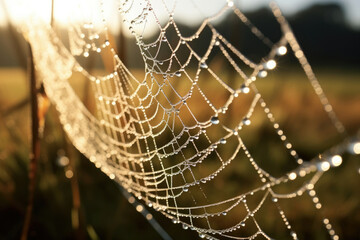 Morning spider spiderweb web drop nature water net closeup dew pattern wet macro - obrazy, fototapety, plakaty