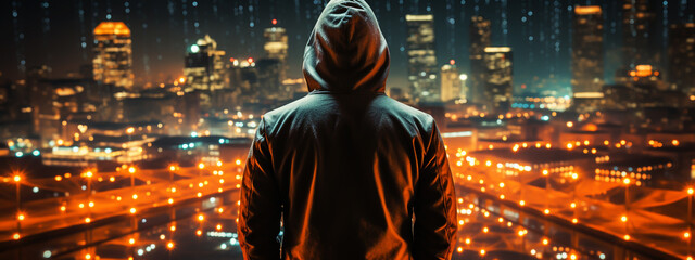 cybersecurity and hacker,coding,malware concept.Hooded computer hacker in cybersecurity on server room background.metaverse digital world technology.