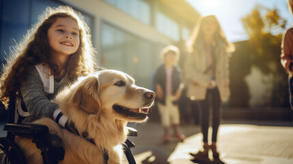 Inclusive education. Girl portrait in a wheelchair with disabilities at school corridor
