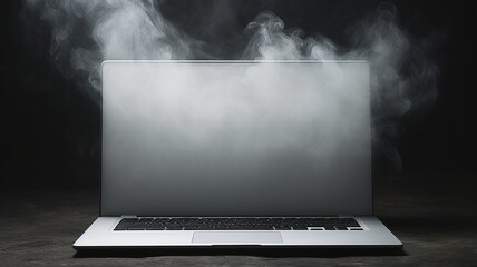 horizontal view of a burnt out laptop with smoke coming out from it and a dark background AI generated