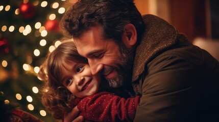 A heartwarming image of a man holding a little girl in front of a beautifully decorated Christmas tree. Perfect for holiday-themed projects or family-related concepts