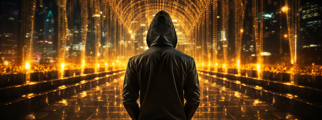 cybersecurity and hacker,coding,malware concept.Hooded computer hacker in cybersecurity on server room background.metaverse digital world technology.