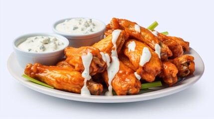 A plate of delicious buffalo wings served with creamy ranch dips. Perfect for game nights or casual gatherings