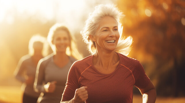 Two happy senior people jogging in a park in summer
