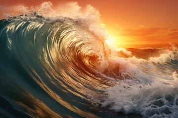 A large wave in the ocean at sunset. Perfect for beach and nature themed projects