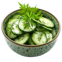 A delicious cucumber salad with parsley in a bowl, transparent or isolated on white background